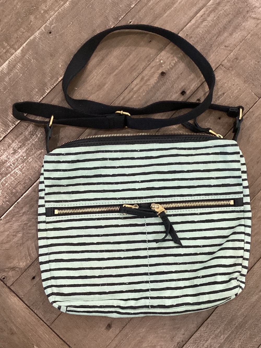 Fossil Mint and Black Striped Crossbody Bag